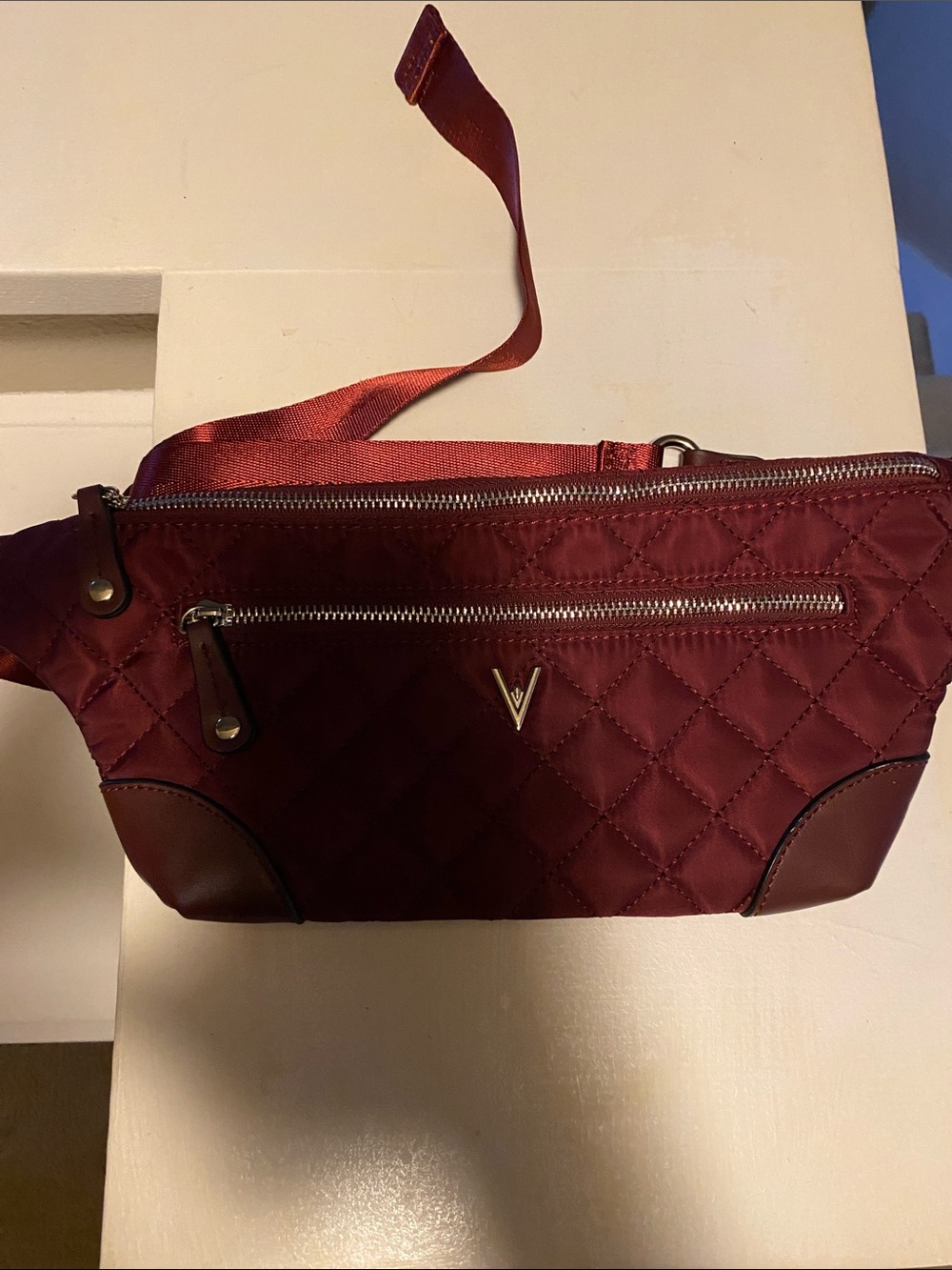 Quilted Crossbody Bag in Deep Wine Red - V Logo Accent